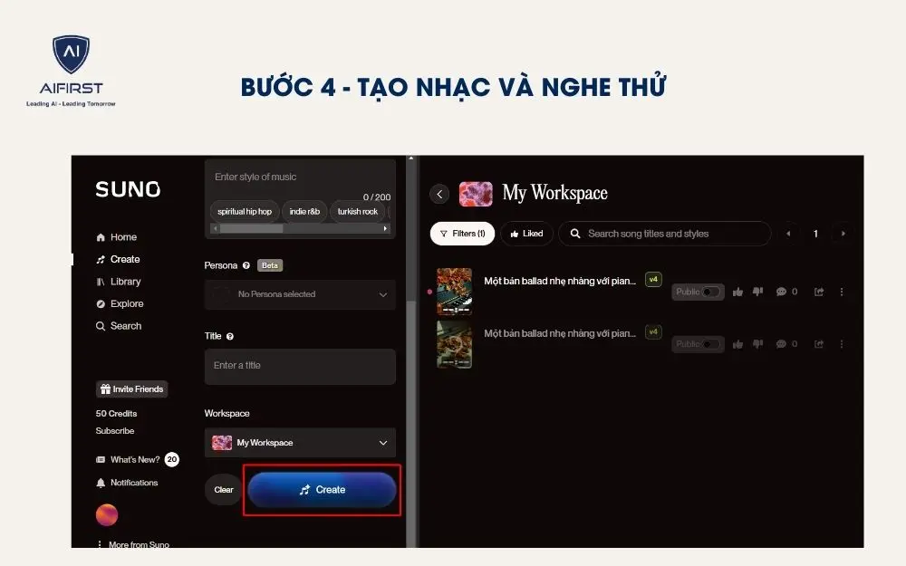 Click vào nút “Create” để tiến hành tạo nhạc