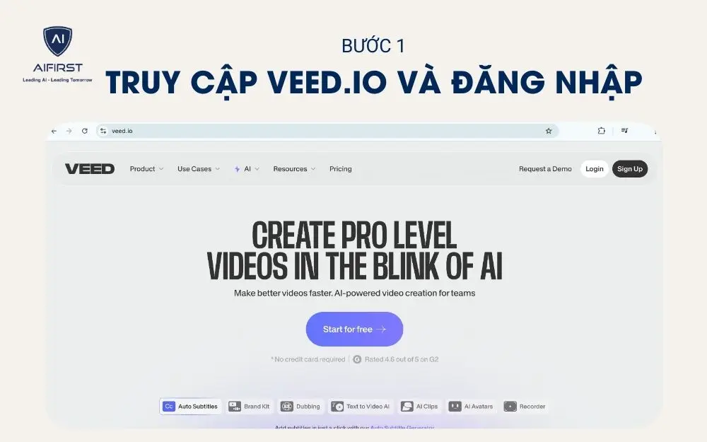    Truy cập vào trang web VEED.IO và đăng nhập bằng cách nhấn “Login”