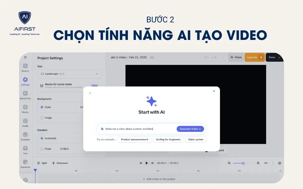 Chọn tính năng AI tạo video và nhập nội dung mô tả