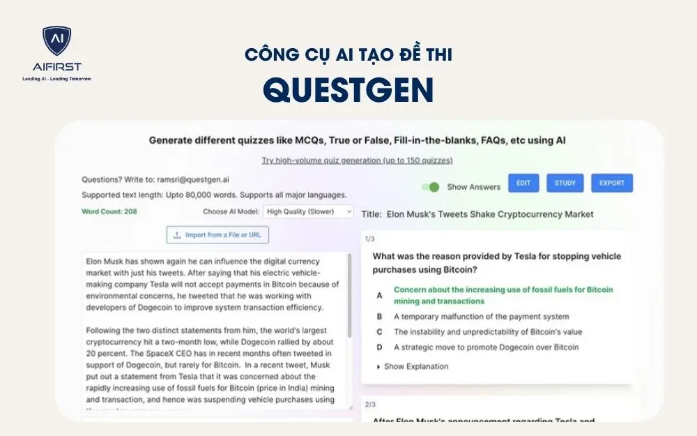 Questgen có tốc độ xử lý nhanh, hỗ trợ tạo đề thi chỉ trong vài giây