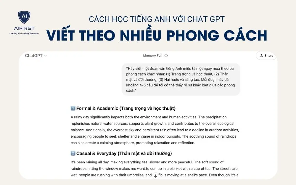 Học tiếng Anh với Chat GPT bằng cách luyện viết nhiều phong cách