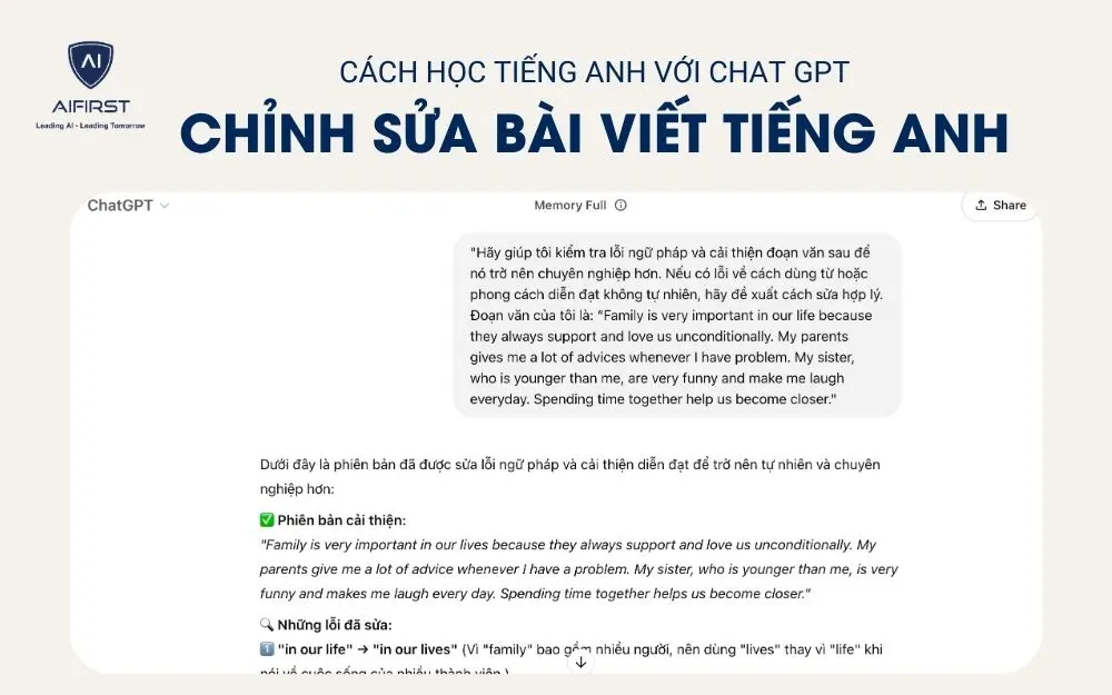 Chỉnh sửa bài viết với Chat GPT khi học tiếng Anh