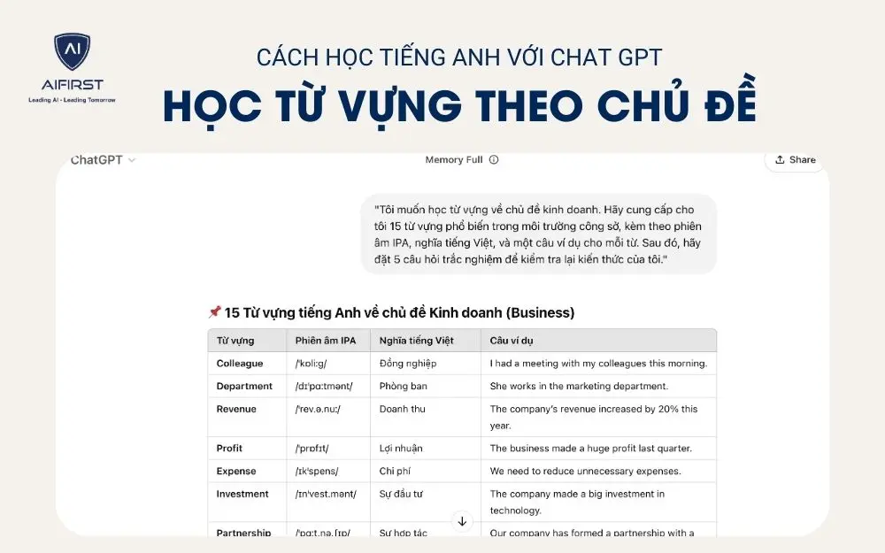 Học từ vựng theo chủ đề với Chat GPT