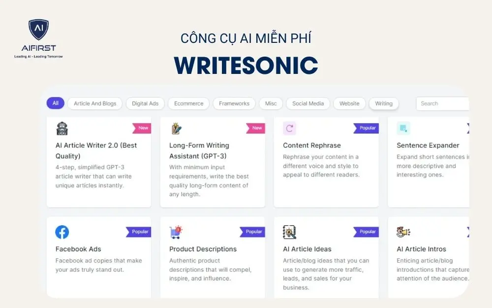 Writesonic hỗ trợ viết bài blog, mạng xã hội và Email