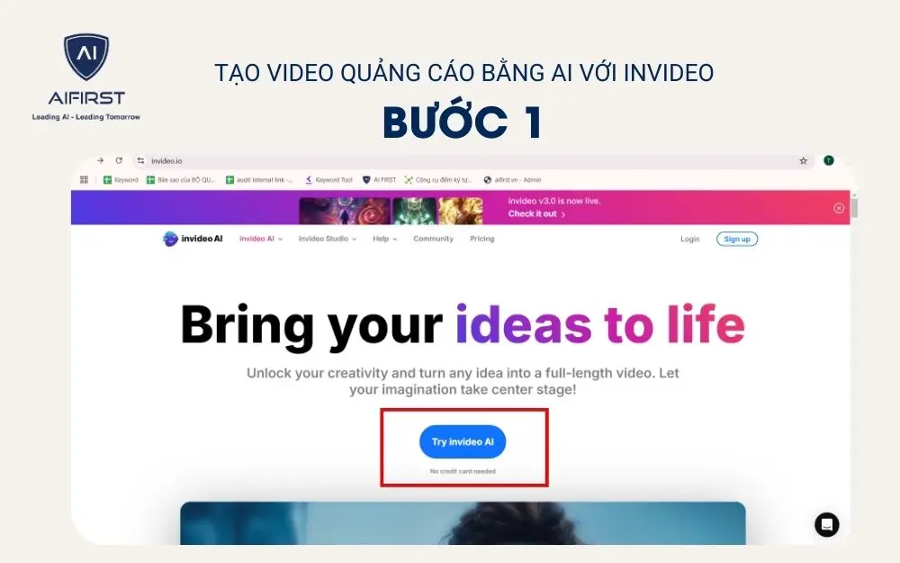 Chọn “Try invideo AI”