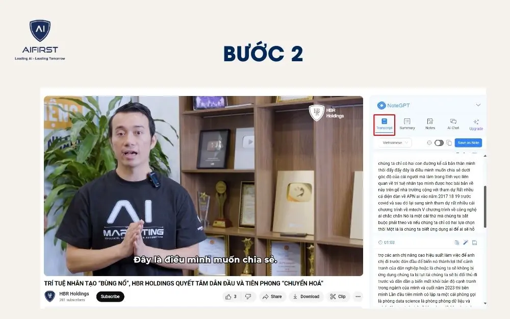 Truy cập vào video và nhấn vào “Transcript”