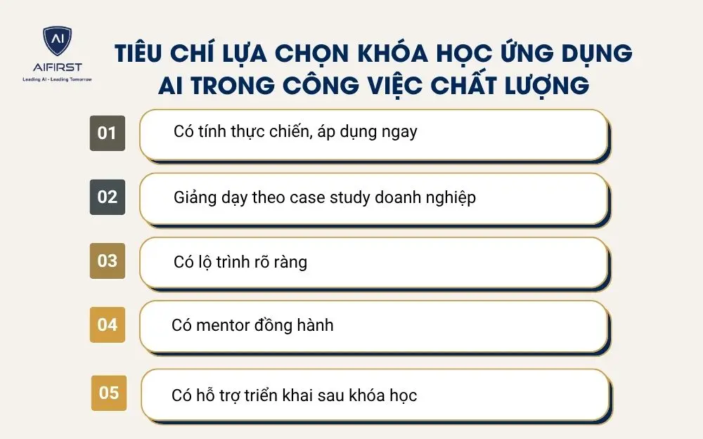 Ti&ecirc;u ch&iacute; lựa chọn kh&oacute;a học ứng dụng AI trong c&ocirc;ng việc chất lượng