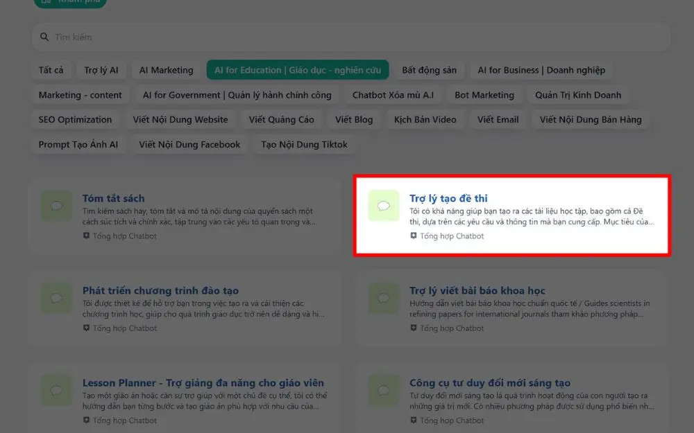 Nhấn v&agrave;o t&iacute;nh năng Trợ l&yacute; tạo đề thi