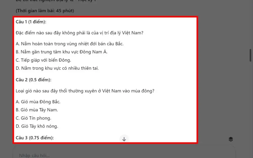 ChatBotX tự động tạo ra một bộ đề thi mẫu